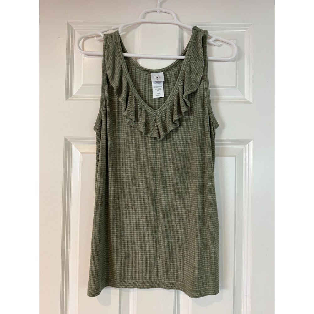 Women's CABI V-Neck Green Gray Ruffle Front Tank Size Small
